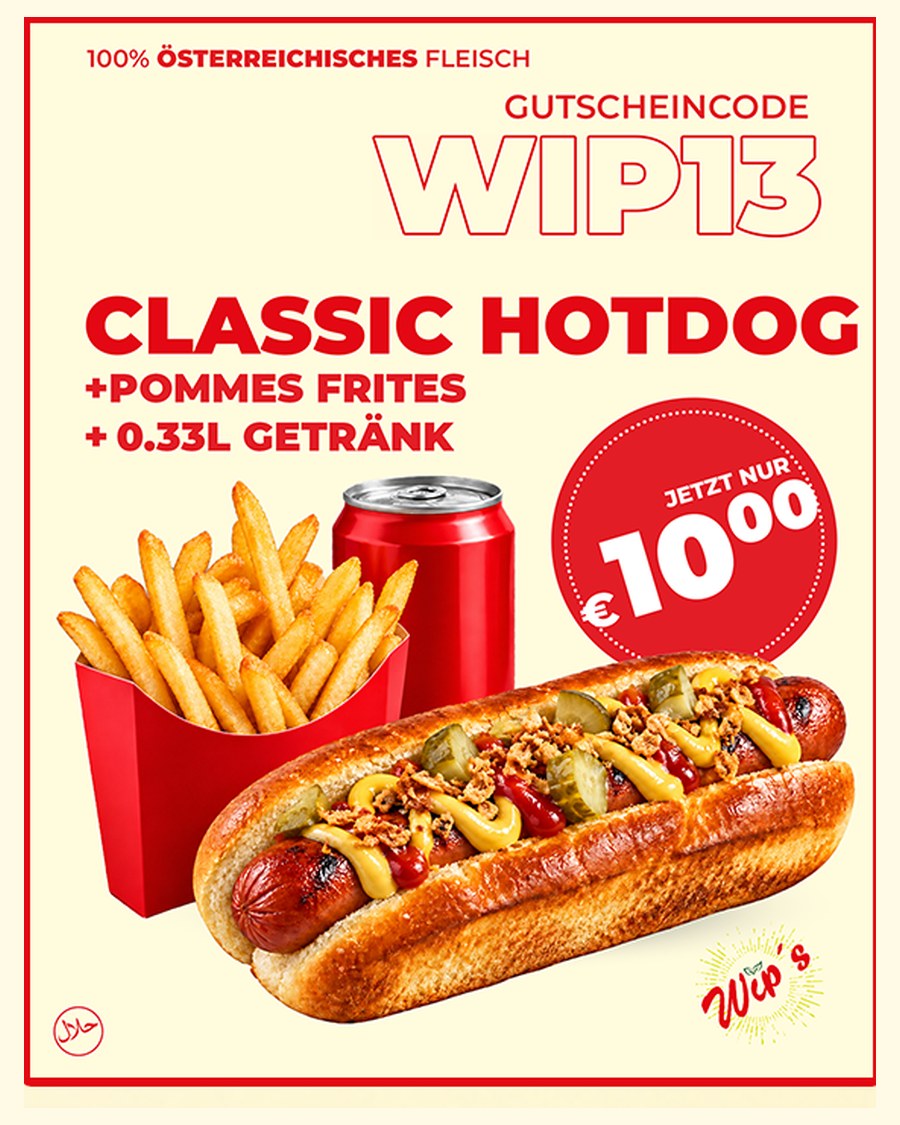 Gutschein WIP13: Classic Hotdog mit Pommes frites und Getränk um 10,00 € bei Wip’s Soulfood in Wien 1230